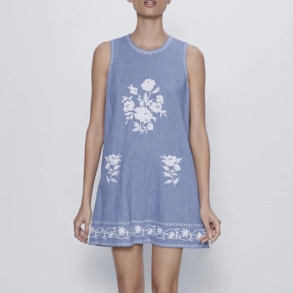 NWT Zara Blue Chambray Embroidered Tent Mini Dress Sz S - Picture 2 of 16